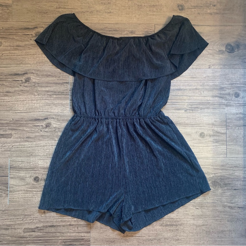 Black off the shoulder ruffle lay romper